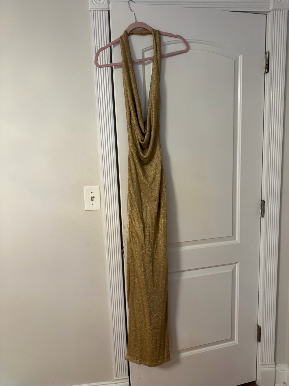 Windsor Shimmery Gold Backless Halter Gown